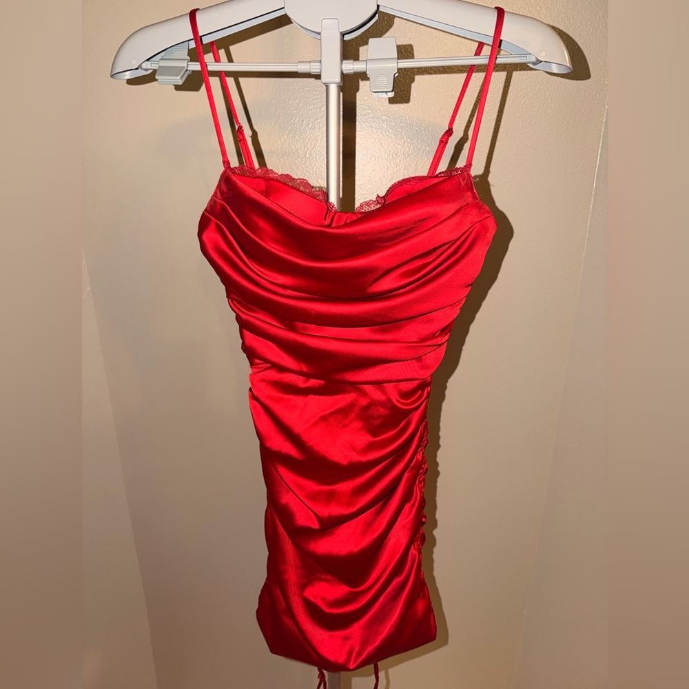 Oh Polly Red Satin Ruched Bodycon Mini Dress
